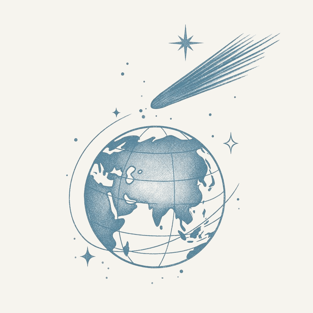 Globe and comet line illustration representing global, data-driven marketing reach